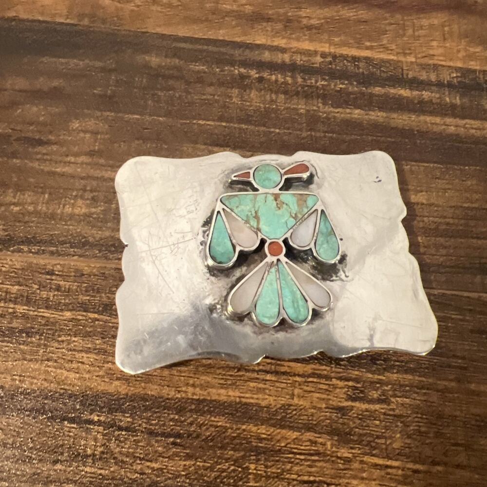 Native American Zuni handmade sterling silver mosaic inlay Thunderbird Buckle
